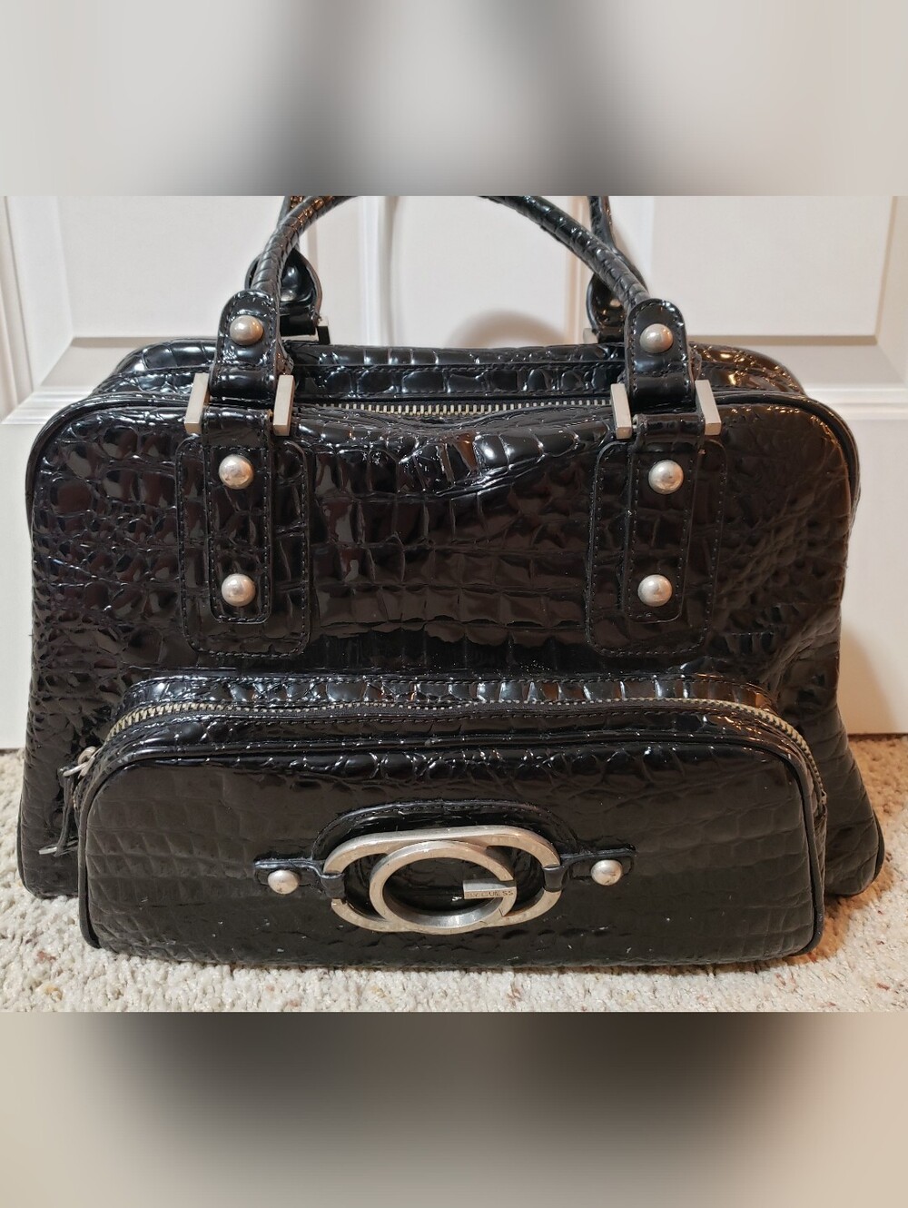 Vintage G by GUESS Y2K LOGO Black Patent Leather Iconic Croc Bag Purse Satchel